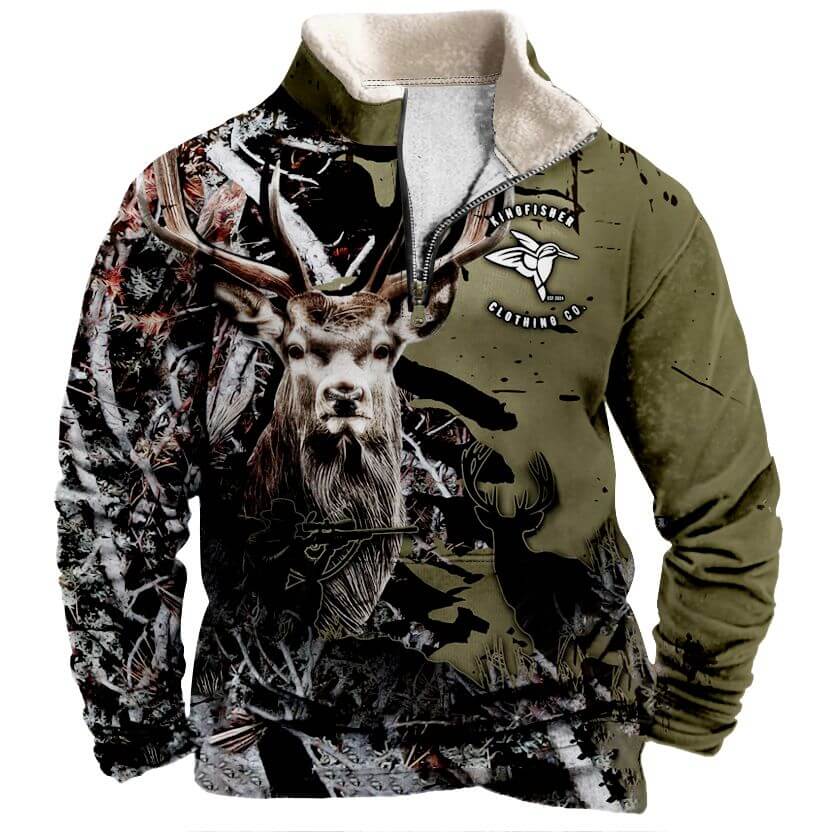 Kingfisher Hunting Quarter-Zip Fleece – Deer Camo Print Pullover - Front